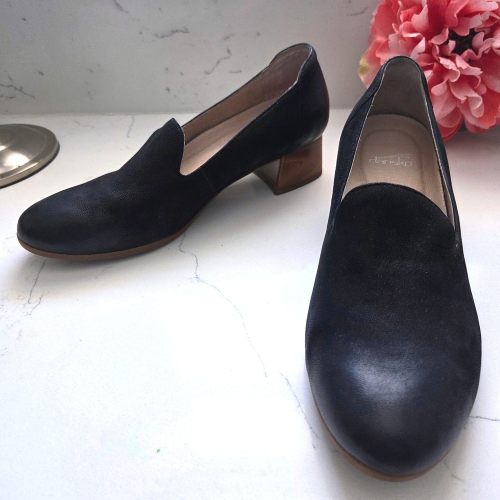 Dansko Preston Black Leather Block Heel Loafers Sz 39 Slip On Pumps Comfort